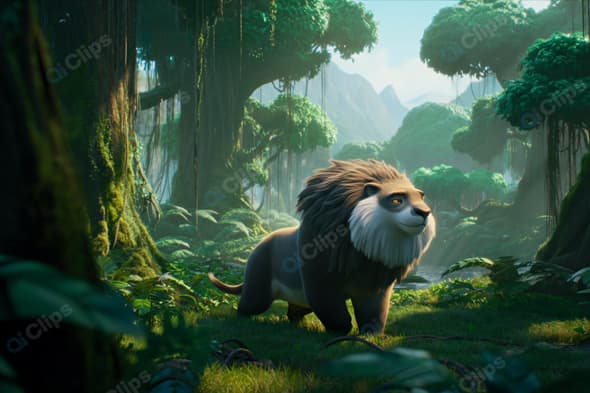 Lion in Lush Jungle with Sunlight Filtering Through Trees