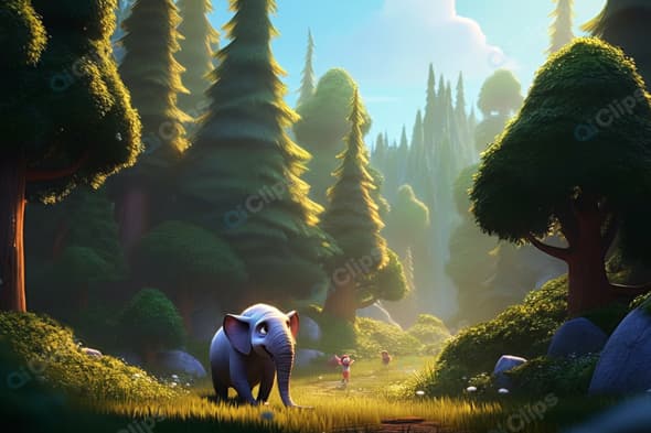 Animated Enchanted Forest with Elephant and Hikers