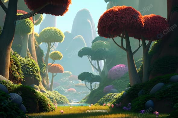 Animated Fantasy Forest with Colorful Trees and Mountains