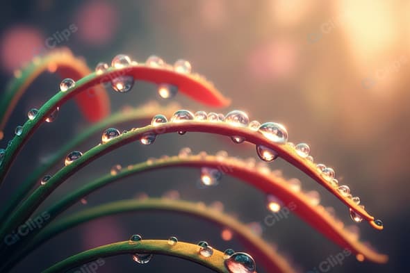 Dew Drops on Curved Leaves in Soft Morning Light