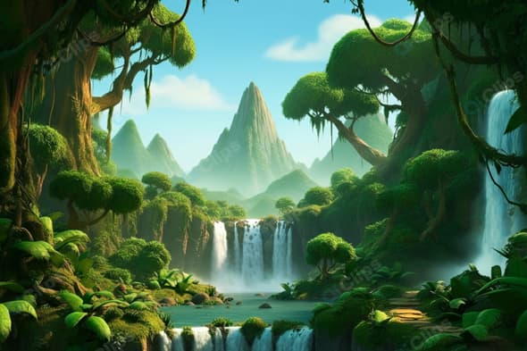 Lush Jungle Landscape with Waterfalls and Mountains
