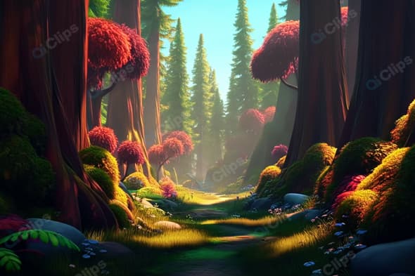Enchanted Forest Path with Sunlit Trees and Vibrant Foliage