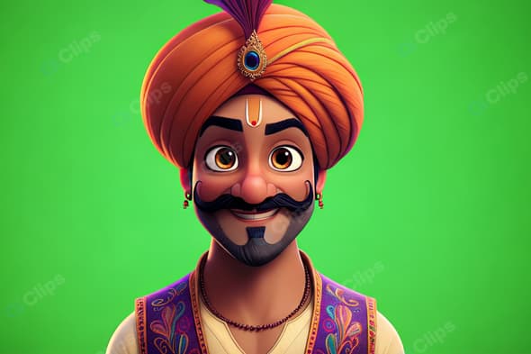 Cartoon Character with Turban on Green Background