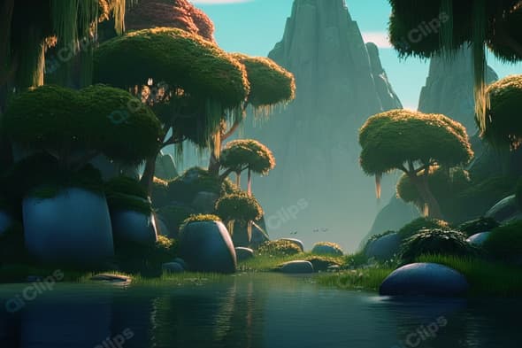 Fantasy Forest Landscape with Tranquil River and Mountains