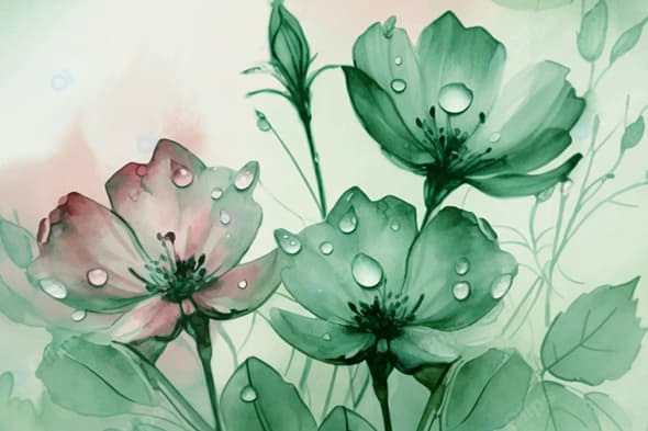 Watercolor Flowers with Dewdrops in Green and Pink Tones
