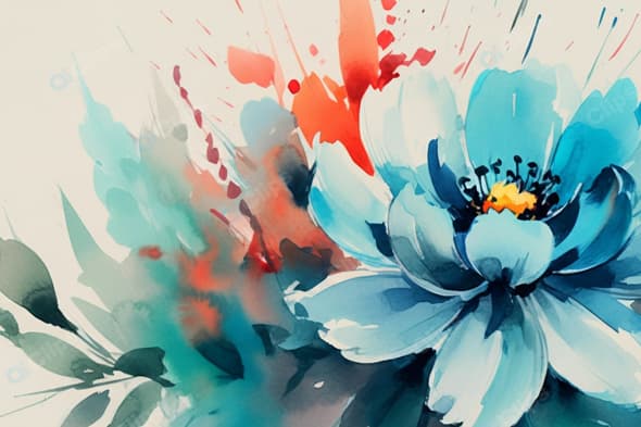 Blue Artistic Flower with Vibrant Watercolor Splashes