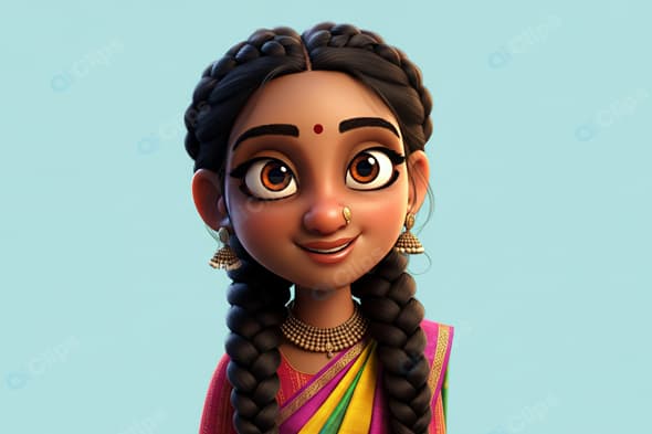 Traditional Animated Character with Colorful Sari and Accessories