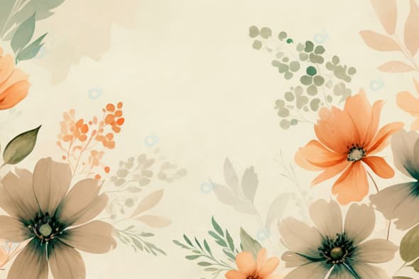 Floral Watercolor Background Art with Orange and Green Blooms