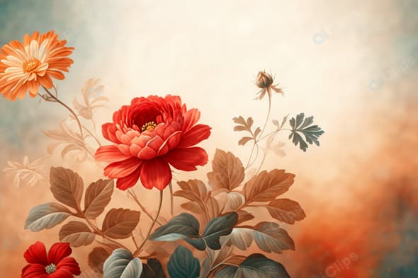 Vintage Floral Art with Red and Orange Flowers
