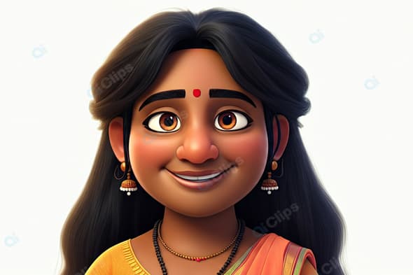 Animated Portrait of Smiling Woman in Traditional Attire