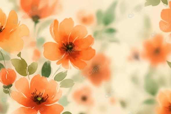 Watercolor Orange Flowers on Cream Background