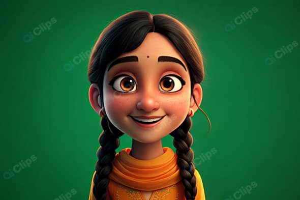 Young Animated Girl Smiling with Braids on Green Background