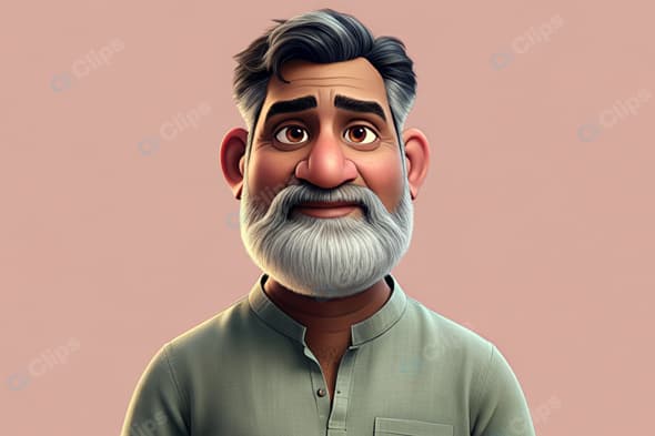 Elderly Animated Character with Beard in Traditional Attire