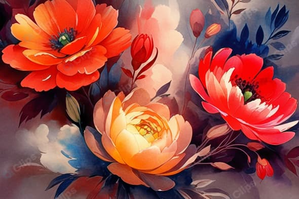 Vibrant Floral Artwork with Red and Orange Blooms