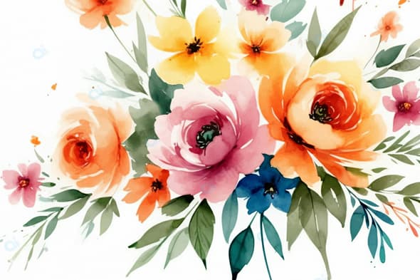 Watercolor Floral Bouquet Illustration with Vibrant Blossoms and Greenery
