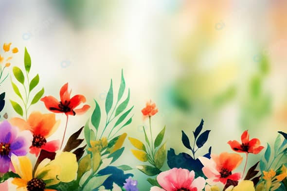 Watercolor Blooming Flowers and Leaves
