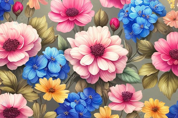Colorful Floral Pattern with Pink, Blue, and Yellow Blooms