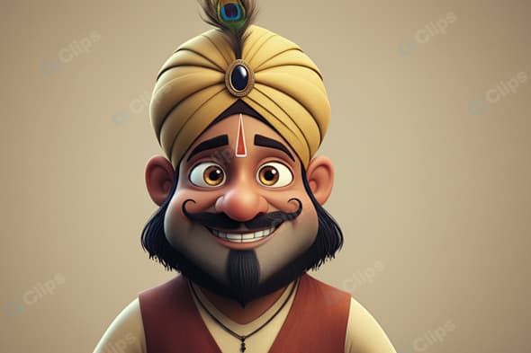 Smiling Cartoon Character with Turban and Peacock Feather