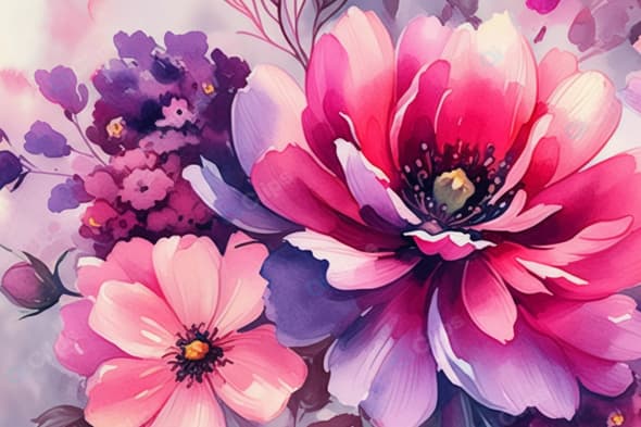 Vibrant Floral Watercolor Art with Pink and Purple Blooms