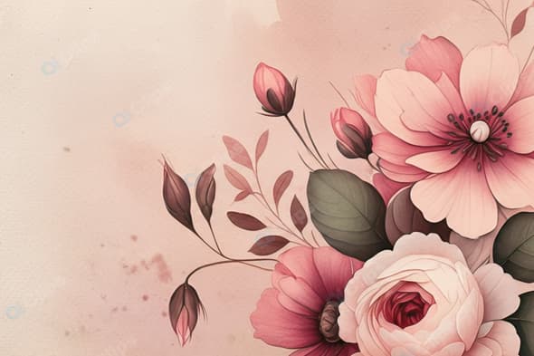 Pink Floral Watercolor Art with Leaves and Buds