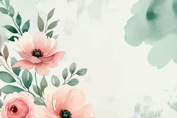 Pink Watercolor Flowers with Green Leaves Background