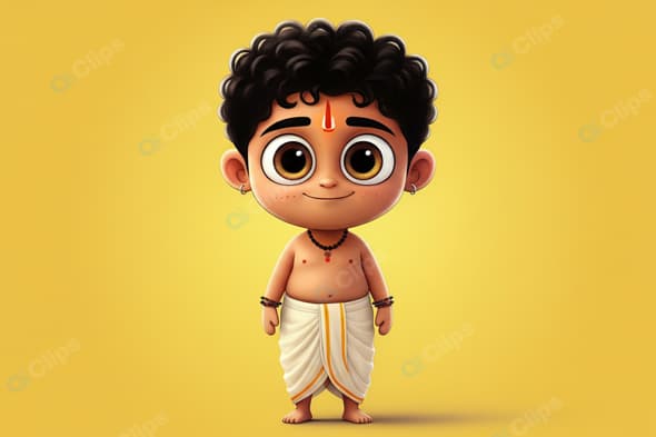 Cartoon Hindu Boy with Curly Hair and Tilak Illustration
