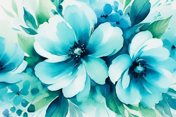 Blue Watercolor Floral Art with Lush Green Leaves