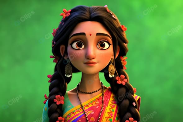 Traditional Indian Woman in Colorful Attire with Floral Braids