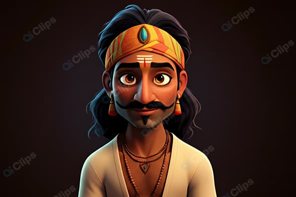 Traditional Indian Animated Character with Headband and Jewelry