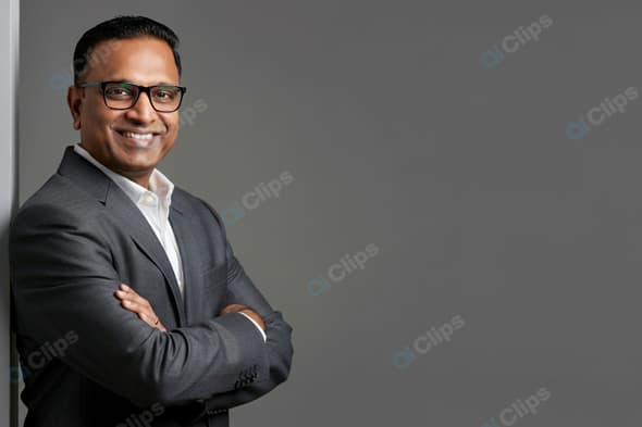 Businessman Smiling in Gray Suit with Folded Arms