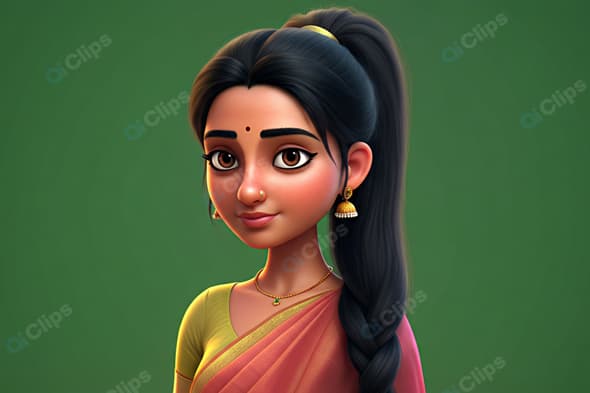 Animated Traditional Woman Portrait in Saree on Green Background