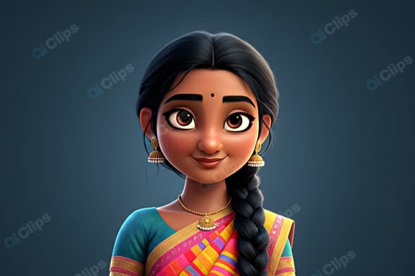 Traditional Animated Character in Vibrant Sari with Braided Hair