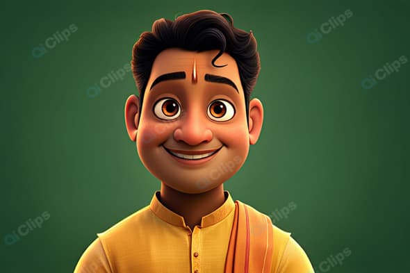 Smiling Animated Character in Traditional Attire on Green Background