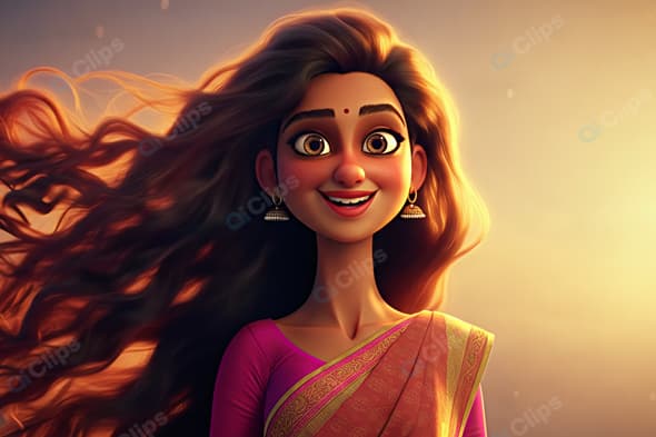 Animated Woman in Traditional Attire with Flowing Hair