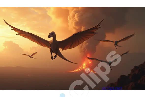 Flying Dinosaurs over Erupting Volcano at Sunset