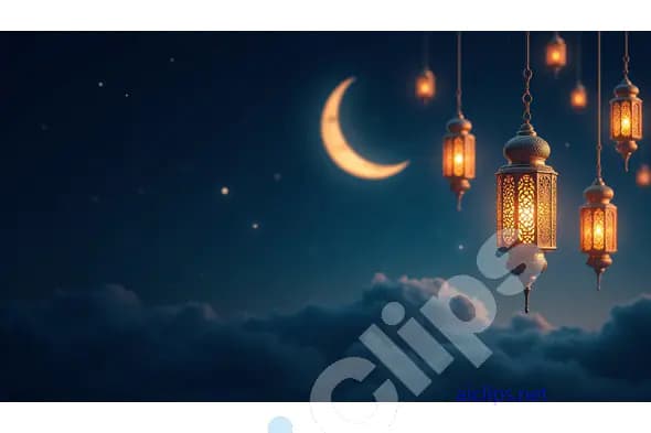 Ramadan Lanterns with Crescent Moon in Night Sky