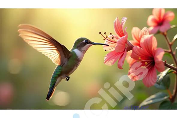 Hummingbird Feeding on Pink Flowers in Golden Light
