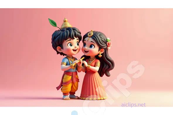 Adorable Cartoon Krishna and Radha in Playful Pose
