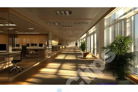 Modern Office Hallway with Glass Walls