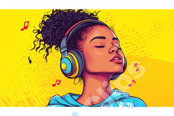 Girl with Curly Hair Listening to Music