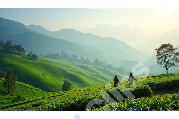 Tea Plantation Workers in a Misty Green Valley