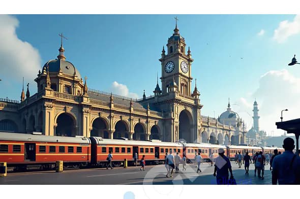 Grand Indian Railway Station with Clock Tower and Vintage Trains