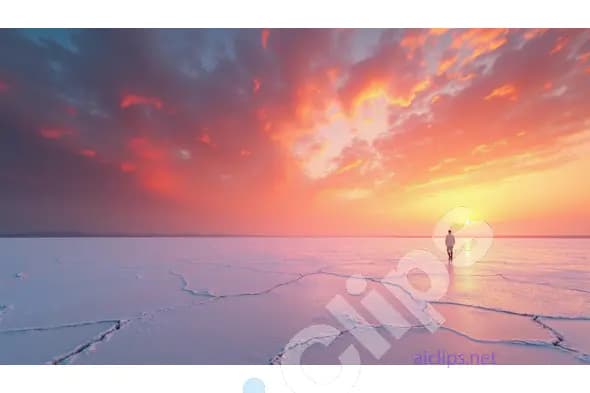 Lone Walker on Vast Salt Flat at Vibrant Sunset