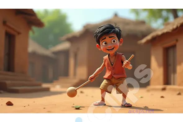Village Boy Playing with Traditional Toy - 3D Rural Life Illustration