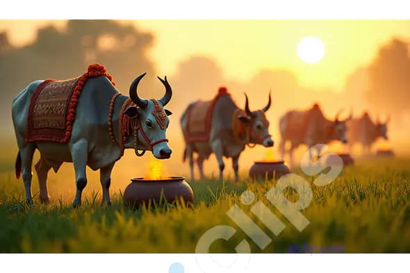 Sacred Cows at Sunrise with Ritual Fire Pots