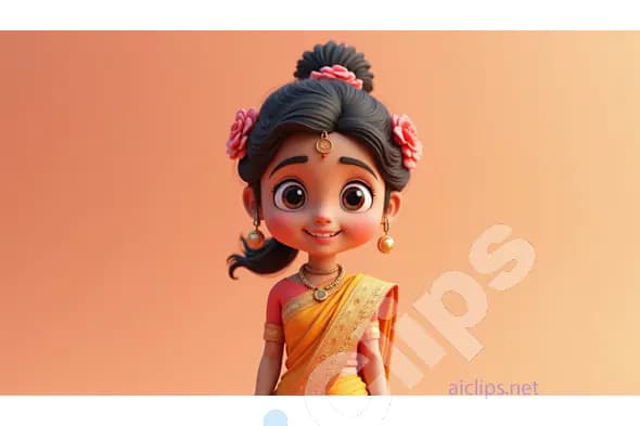 Charming Cartoon Indian Girl in Traditional Sari with Flowers