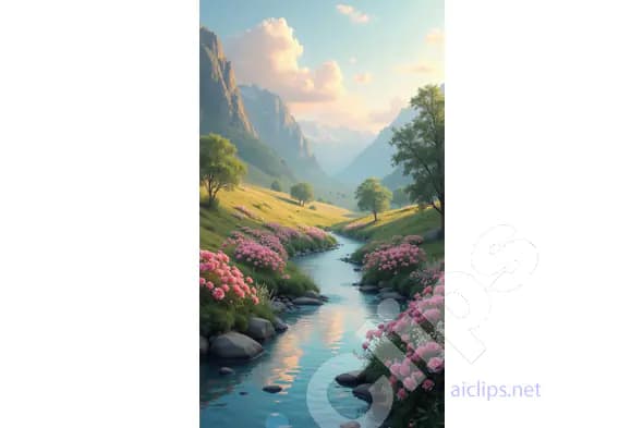 Idyllic Mountain Stream with Blooming Flower Banks
