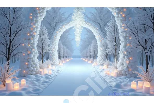 Winter Wonderland Event Hall with Snowy Decorations and Elegant Lightings