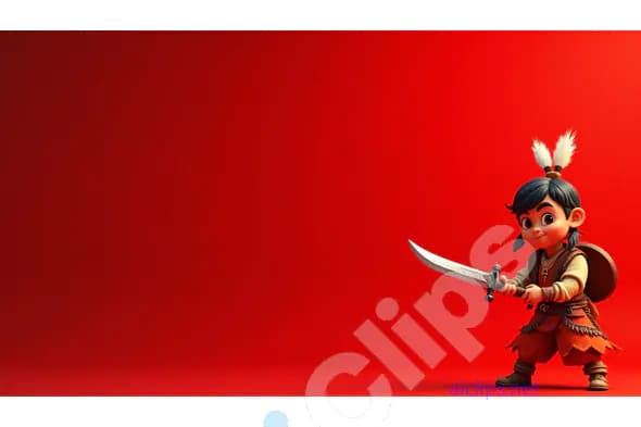 Cartoon Warrior Kid with Sword on Red Background