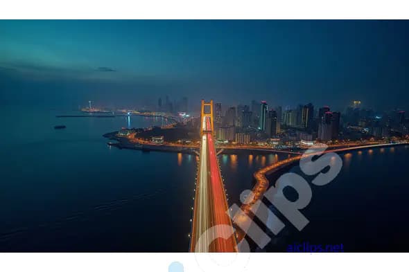 Aerial Night View of City Bridge and Skyline